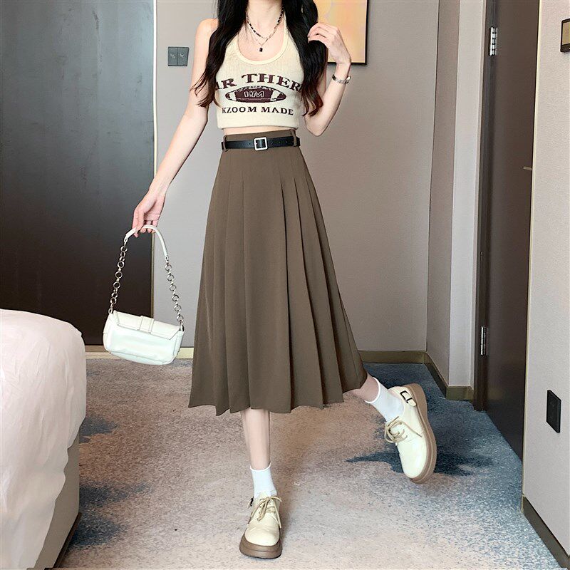 新品灰色西装百h褶裙半身裙女夏季新款高腰显瘦垂感压褶a字中长款
