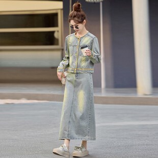 新品高端港风g复古牛仔套装女2025春季设计感撞色时尚外套半身裙