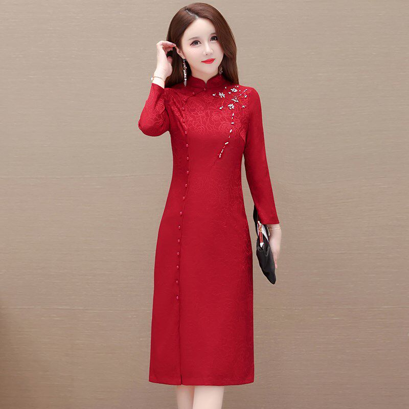新品喜婆婆妈妈高端改良旗袍裙子2025春秋新款Q女装日常端庄长袖