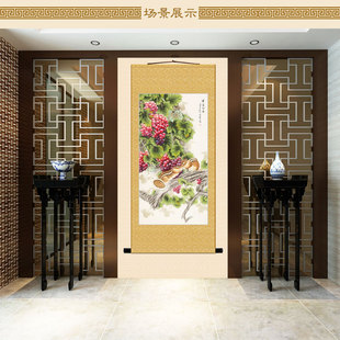 极速葡萄松鼠水果花鸟画 硕果累累图卷G轴挂画 餐厅客厅装饰字画