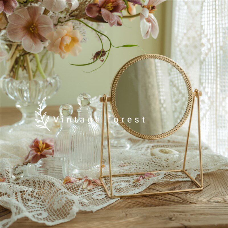 新品复古森林ins轻奢法式桌面化妆G镜台式金边镜子便携宿舍卧室梳