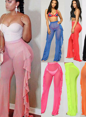 极速New 2020g Summer Women Beach Mesh Ruffle Sheer Wide Leg