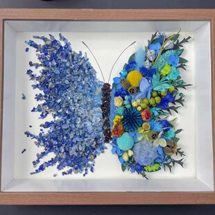 蓝绿水晶干花材料包 手工干花石头画紫色水晶蝴蝶相框创意礼物diy