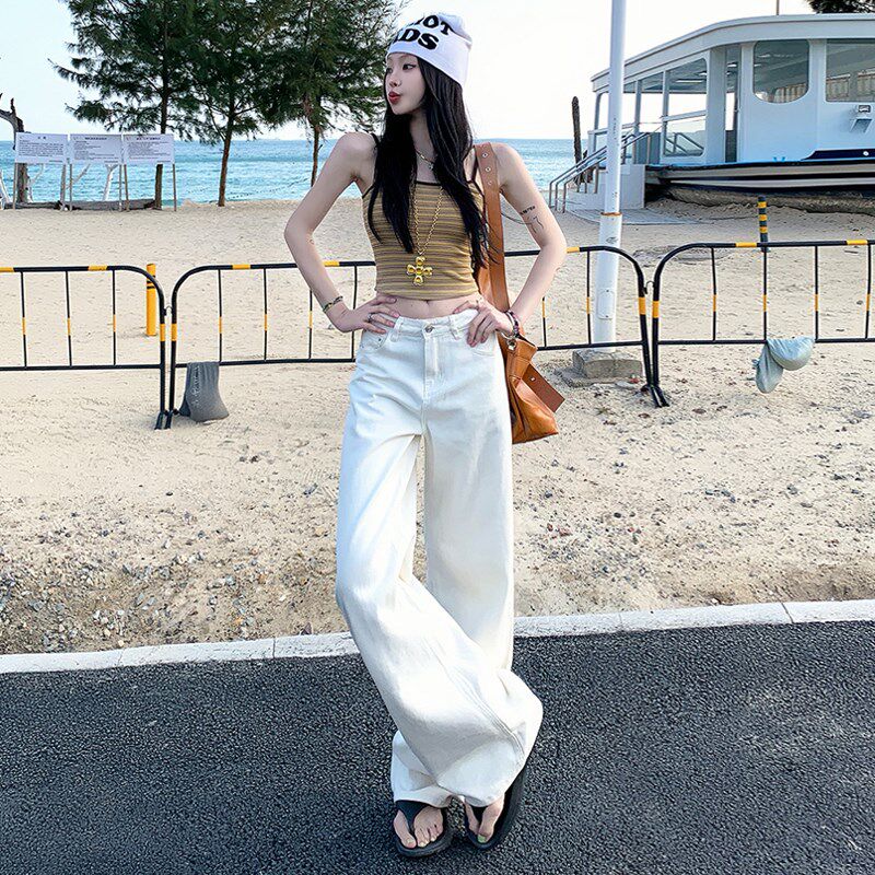 新品美式复古牛仔裤女夏季水洗z显瘦高腰宽松直筒垂坠感拖地阔腿