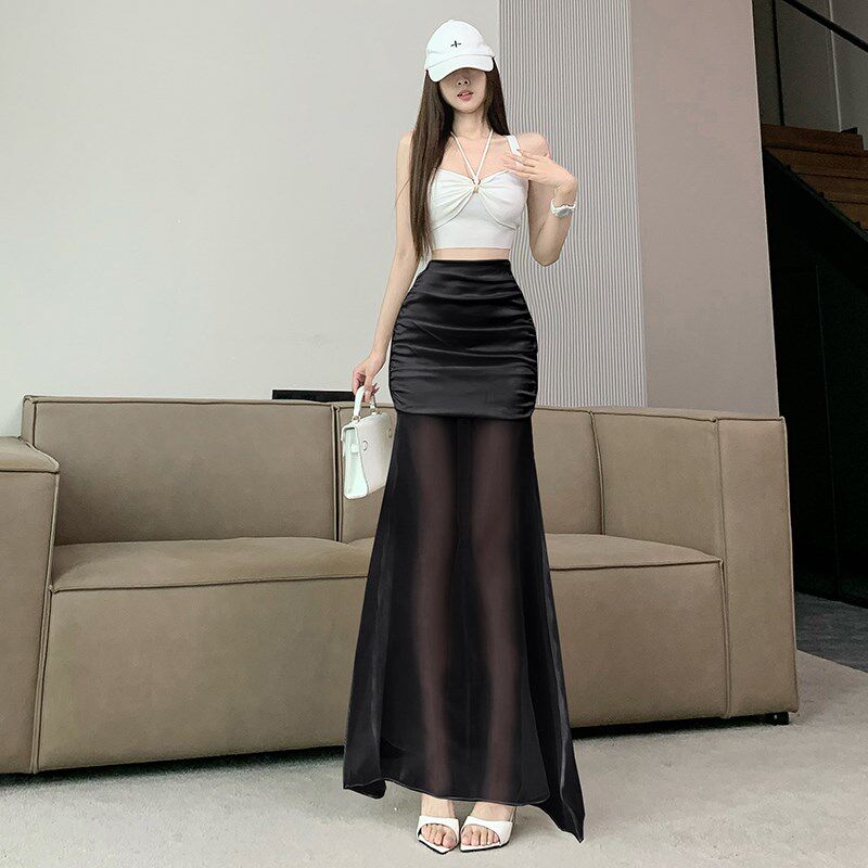 极速黑色网纱缎面半身裙r女夏薄款设计感褶皱高腰a字裙修身包臀鱼