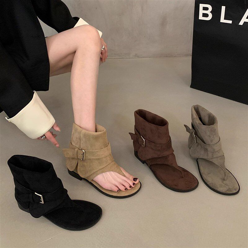 极速平底夹脚人字高帮n罗马凉鞋女款2026新款夏季裤管短靴配裙子