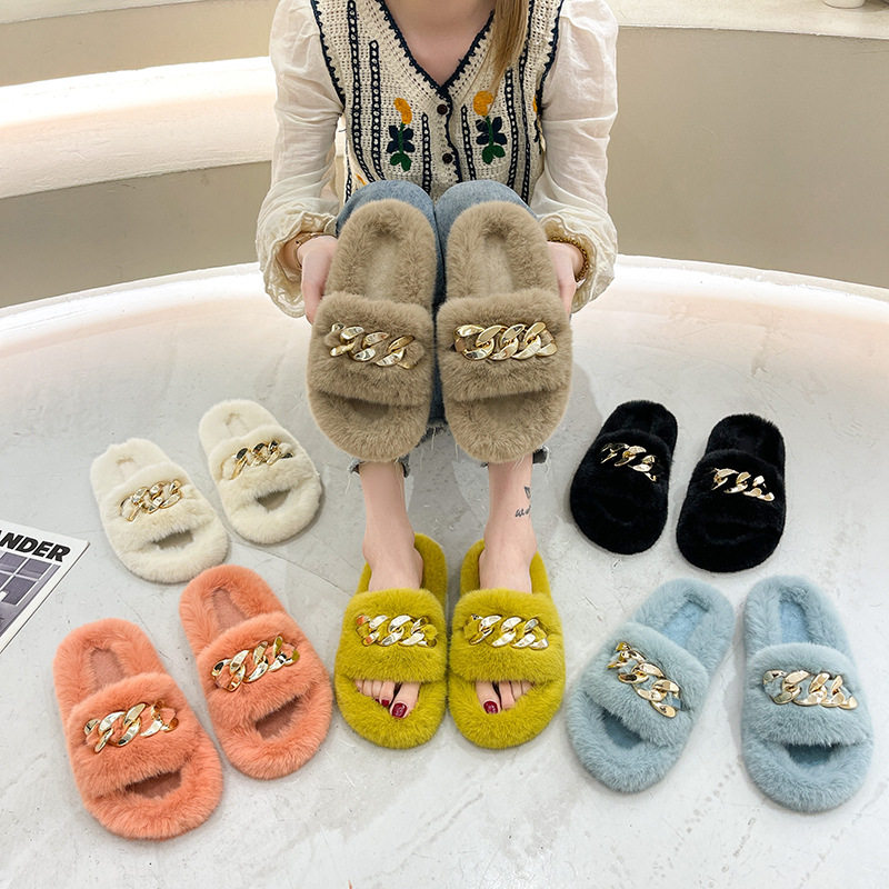 极速Large size autumn and winter chain wool slippeVrs indoor