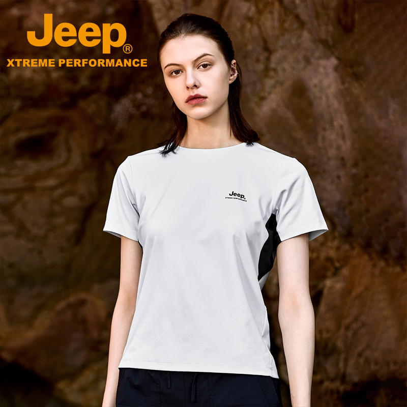 Jeep吉普高弹圆领T恤女新款拼色吸湿透气速干衣夏季运动亲肤短袖