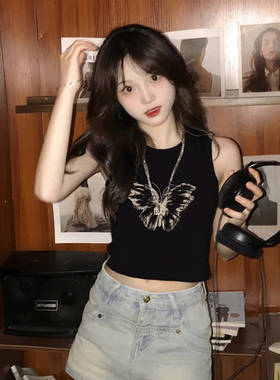 辣妹独特别致小背心女夏季复古高级感黑色性感小个子外穿无袖上衣