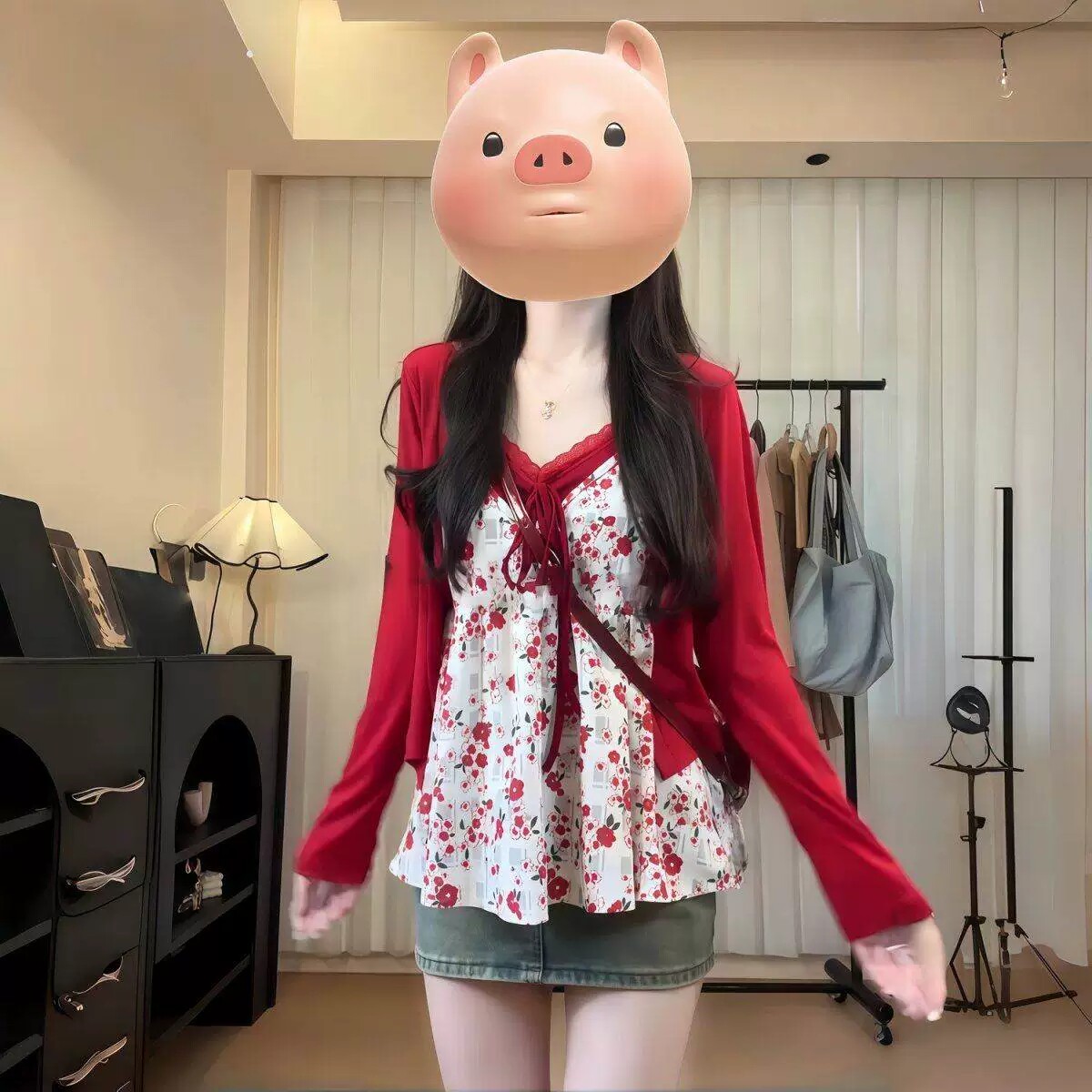 大码假两件碎花吊带开衫显瘦两件