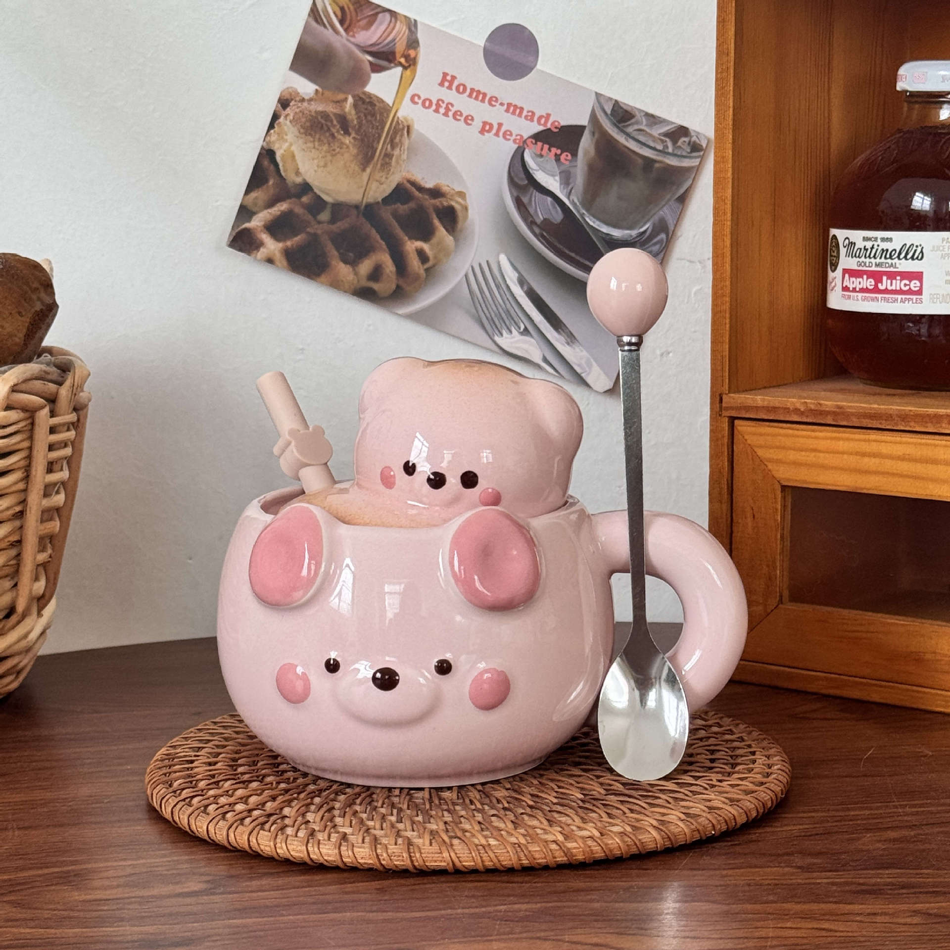 可爱小熊吸管杯陶瓷马克杯带盖心