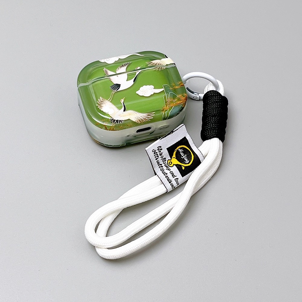 国风复古绿底仙鹤红适用苹果AirPods4代苹果Pro3无线蓝牙耳机套AirPods3代软壳AirPodspro2防摔耳机盒男女