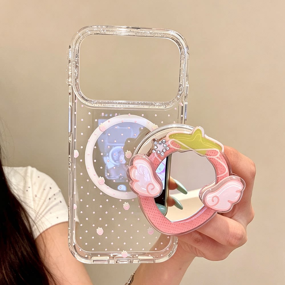 ins风透明波点草莓镜子磁吸支架适用iPhone17promax手机壳15新款苹果17pro创意全包防摔16pro超好看17保护套