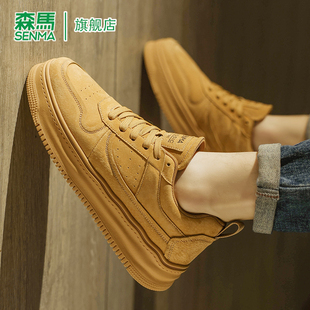 森马男鞋春季新款潮牌舒适休闲鞋子高级感小众百搭厚底小麦色板鞋
