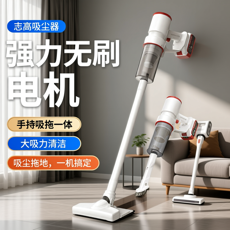 志高无线吸拖一体吸尘器家用大吸力手持式小型吸猫毛狗毛锂电充电