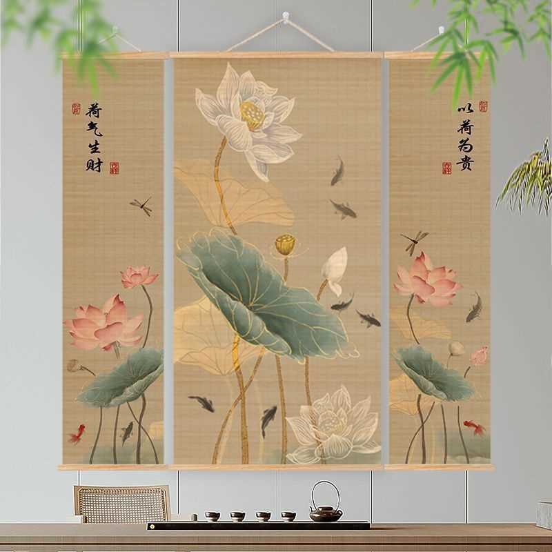 莲花禅意挂画装饰画卷轴和气生财荷花国风竹帘中式竖版招财挂图
