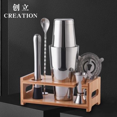 调酒师套件竹木架鸡尾酒调酒器套装6件套28oz不锈钢摇晃杯带底托