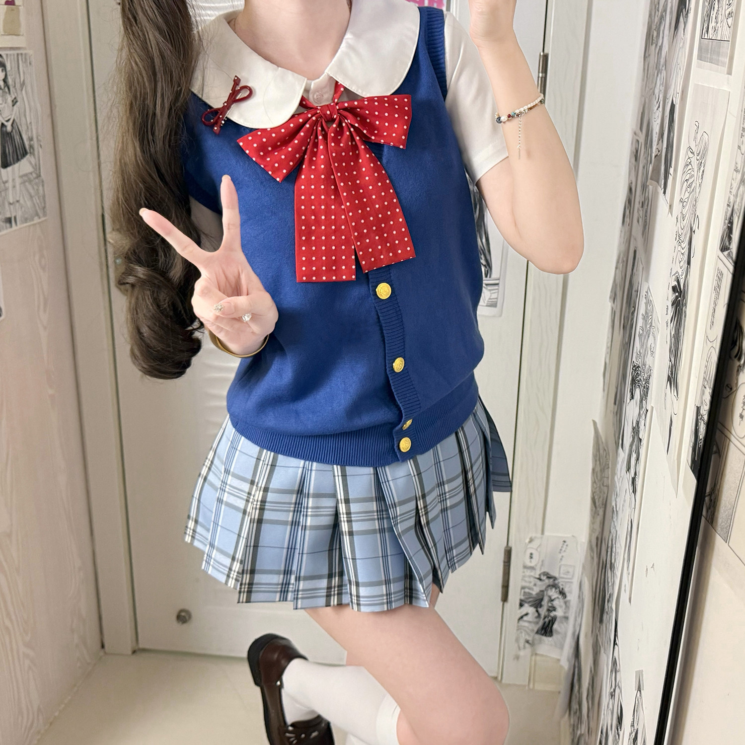 原创正版jk制服牛仔蓝开衫马甲背心小个子甜妹学院日系穿搭裙套装