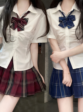 学院风jk制服套装夏季收腰短袖衬衫女生修身辣妹绑带衬衣白色修身