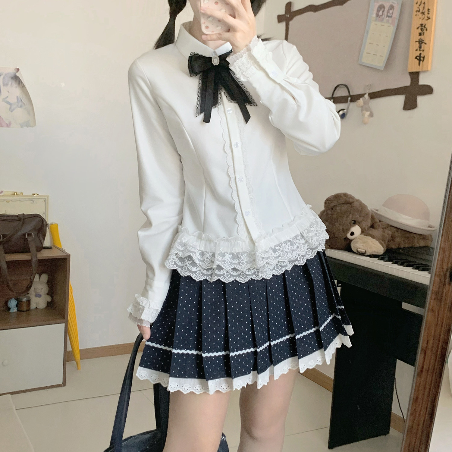 【栀白】原创JK制服学院风蕾丝花边衬衫长袖收腰女白色格蕾系套装