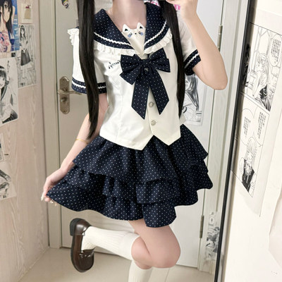 星点猫屿JK收腰水手服短袖波点