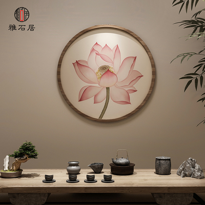 新中式带灯屏风吊挂墙发光玄关背景装饰画客厅圆形挂屏实木圆隔断