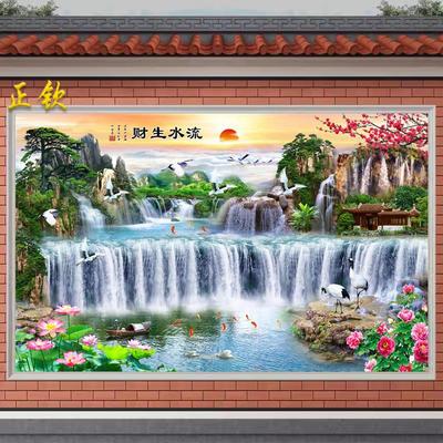 现货速发墙户外瓷砖背景影壁墙壁画迎门墙迎客松流水生财山水风景