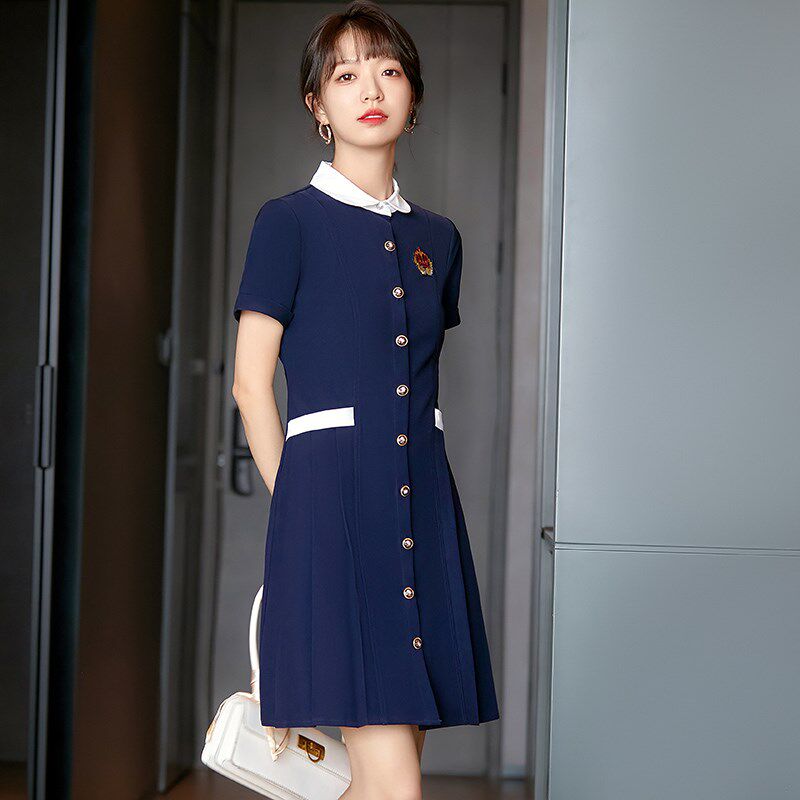 新品夏季娃娃领i幼儿园教师园服工作服老师短袖连衣裙女幼师端庄