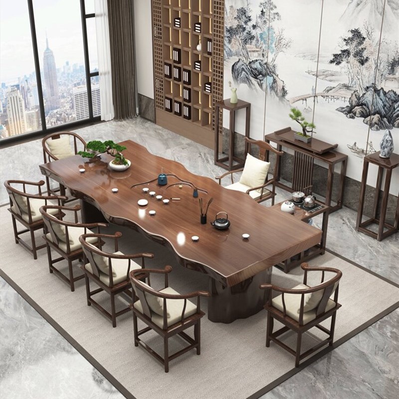 极速新品实木大板茶桌椅r组合一桌五椅新中式茶台办公室U禅意原木