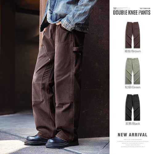 MRA男装美式休闲B01双膝伐木裤直筒帆布法工裤军绿色长裤男早秋潮