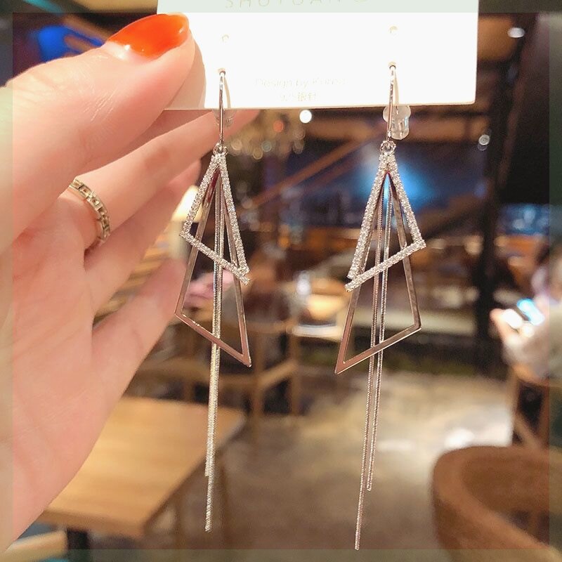 现货速发满钻长版三角流苏耳针高级感耳环简约小众设计气质大气耳