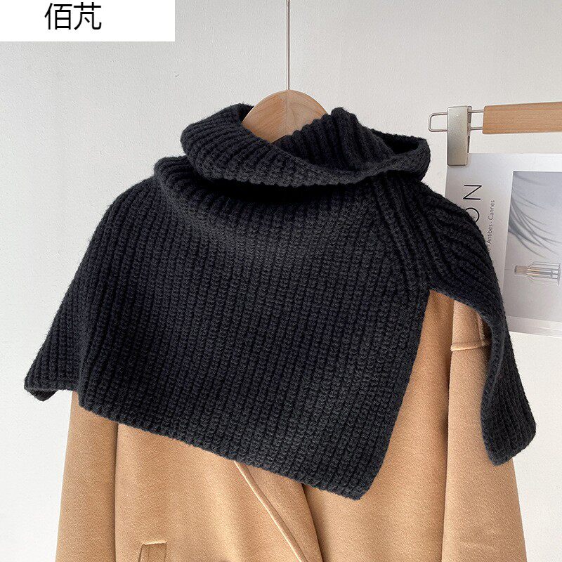 现货速发秋冬韩版百搭纯色保暖套头高领开叉针织外搭毛线简约披肩