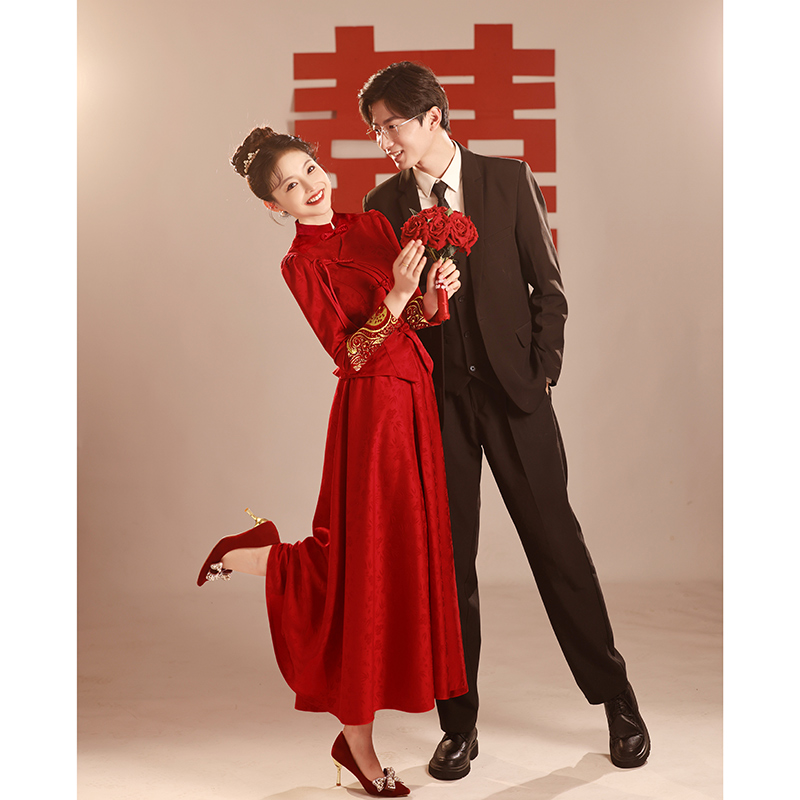 速发新中式敬酒服2025新款新娘酒红色秀禾服订装旗袍国风回门套婚