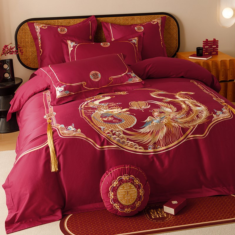 速发婚庆绣色龙凤刺红结00s长绒棉四件套全棉1婚陪嫁