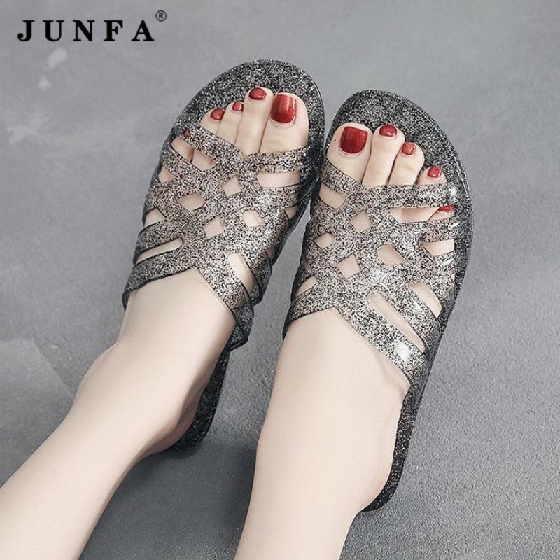 速发新款中跟果冻坡晶拖鞋塑料透明拖跟洗澡防滑凉水鞋浴室内一字