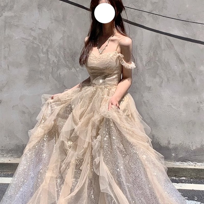 现货速发香槟色晚礼服高端轻奢华小众主持人学生毕业公主裙成人礼