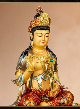 速发纯铜文殊普贤菩萨彩绘佛像文殊菩萨坐像摆件家用华严三圣