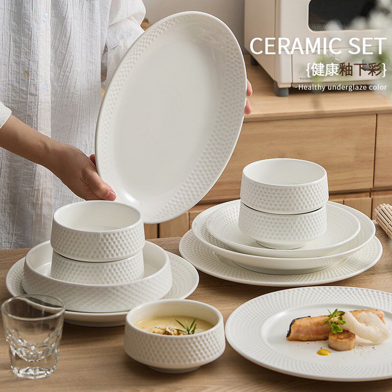 速发碗碟套装家款新用碗盘白色餐具简约陶瓷高级感迁乔碗筷组合套