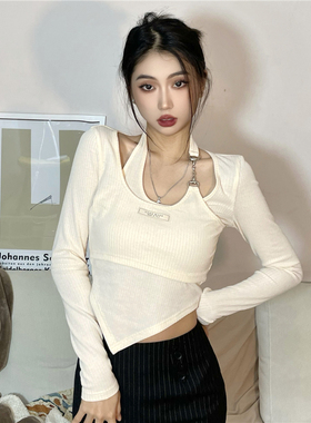 速发#Sisj#甜yu l美少奶杏色小设计挂脖链条假两件长袖T恤 潮