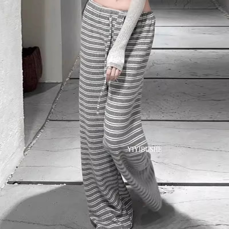 速发裤糯磨毛灰色春纹软早条宽松慵懒遛弯休闲阔腿裤直筒拖地糯米