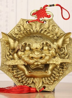 速发咬剑狮睚口兽吞眦吊坠摆件剪刀开剑尖角兽头瑞狮纯铜狮咬口牌