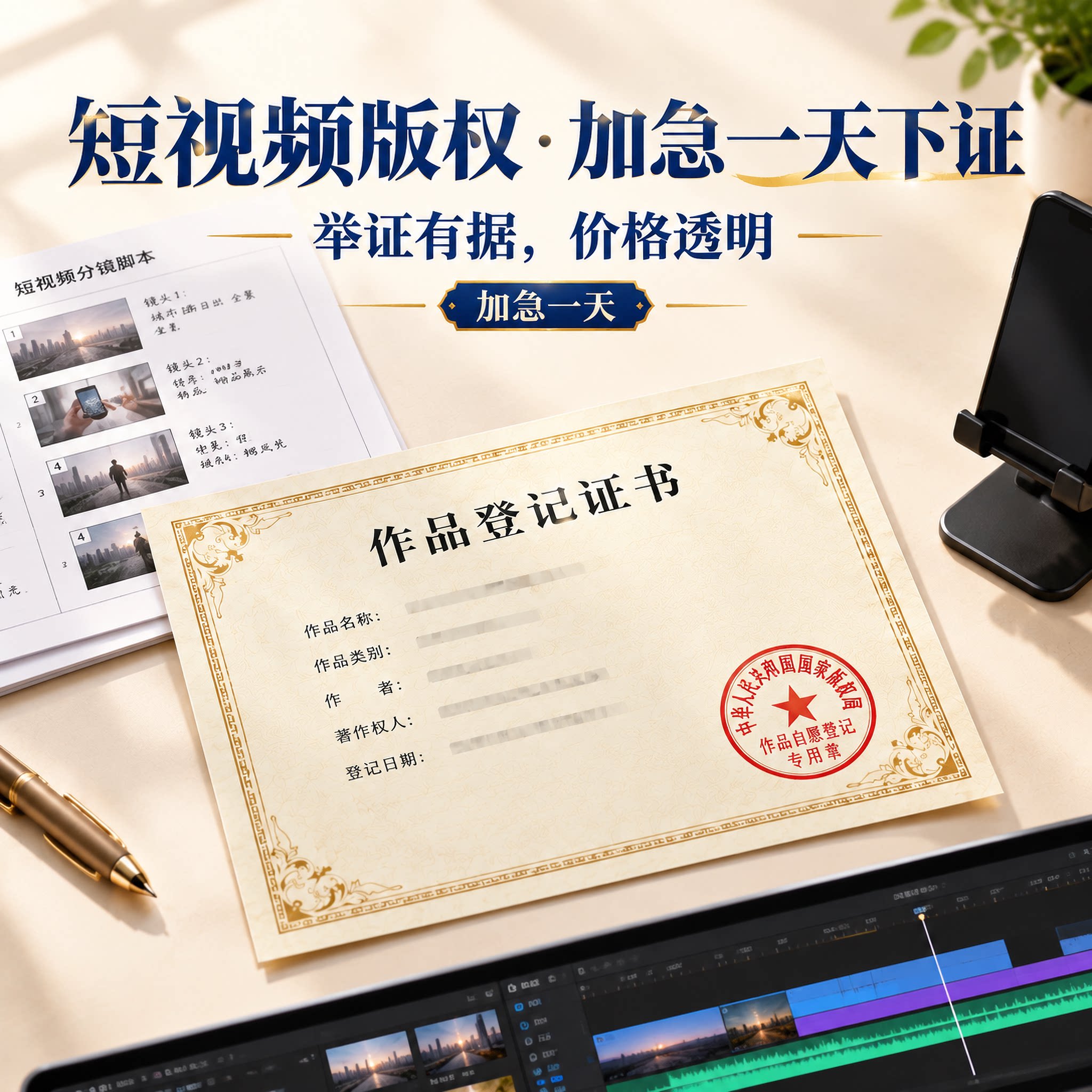 短视频版权加急一天下证登记保护申请美术知识产权图片著作权证书