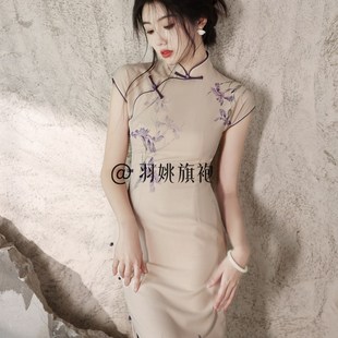 速发古法旗袍女老上海民国风苎麻印花文艺复古温婉端庄气质日常连