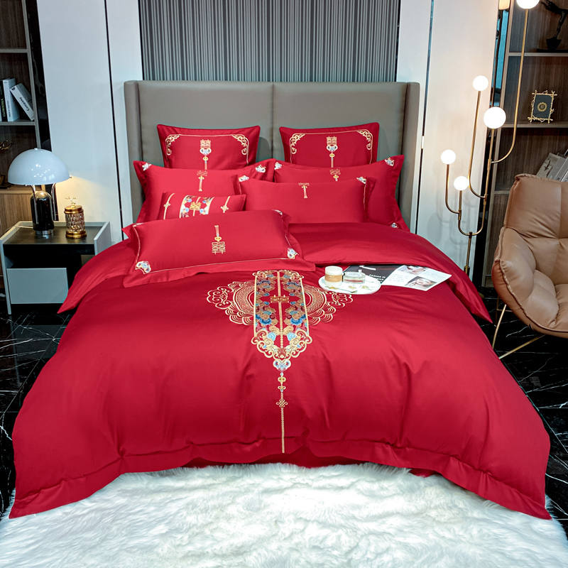 极速简约新婚庆四件组全棉60支新疆长绒棉酒红色结婚Y被套牀单牀