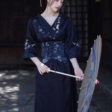 速发新中式女装黑色汉服改良版复古风日式和服式连衣裙子腰封日常