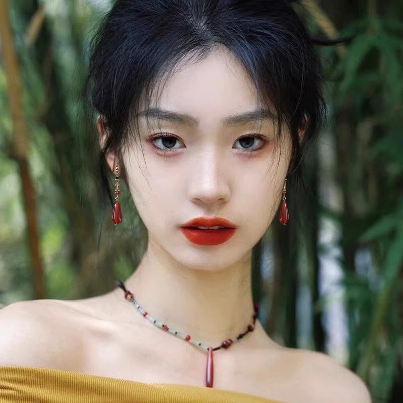 极速新中式清冷红色串珠流苏长款复古民族国T风吊坠耳环耳饰