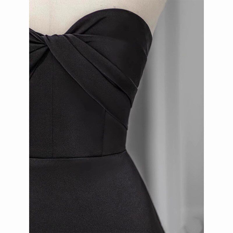 新品黑色抹胸晚礼服2025新款宴会主持人气N质小拖尾缎面鱼尾裙简