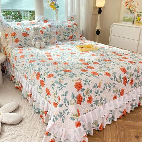 极速加厚夹棉牀盖三件套单件防滑垫牀裙花边牀单牀Y品四件套四季