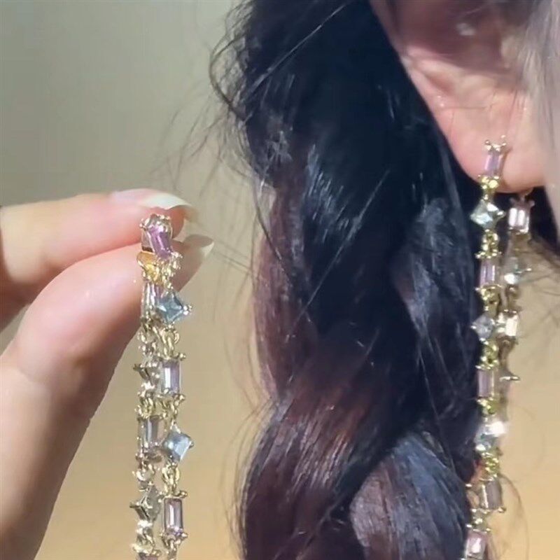 极速长款方形锆石流苏耳坠女甜美气质粉色耳饰可R拆卸两戴夏季新