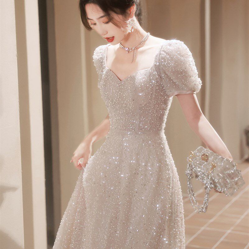 新品大码高端宴会亮片晚礼服裙女气质显瘦胖Lmm主持结婚订婚礼服